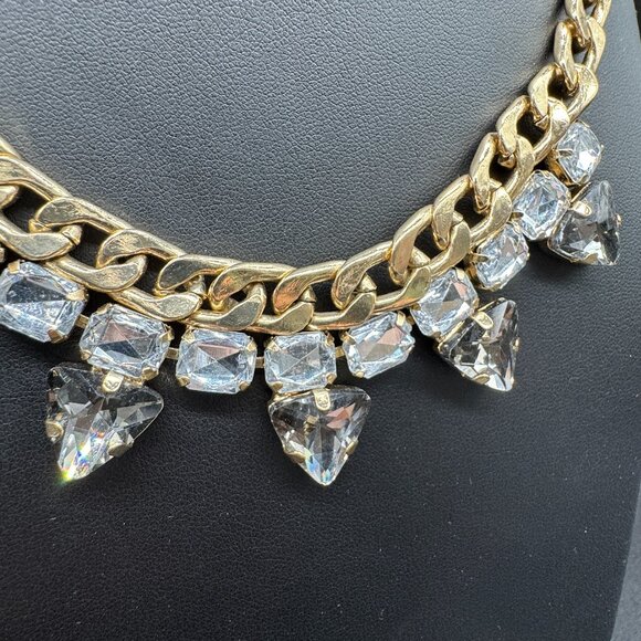 Statement Gold Tone Necklace Links Chain & Clear and Smokey Grey Glass Stones - Picture 3 of 5